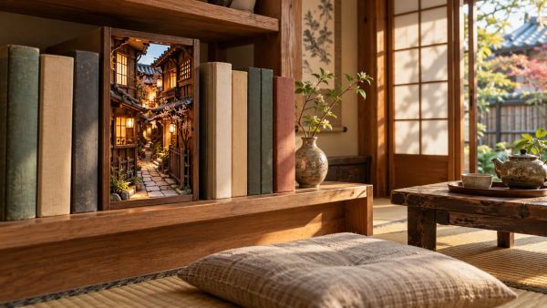 Create a serene reading corner with a cozy japanese book nook kit